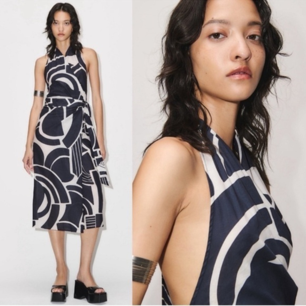 Zara the Nicole dress printed halter dress navy white wrap front  small NWOT